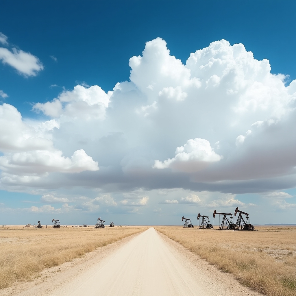 Панорама нефтяного месторождения в степи Казахстана